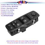 Power Window Master Switch Driver For 12-20 Dodge Grand Caravan 3.6L 68110871AA. Fixed Price $22.50.